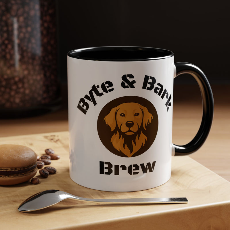 White mug with black interior and handle featuring Byte & Bark Brew® dog logo