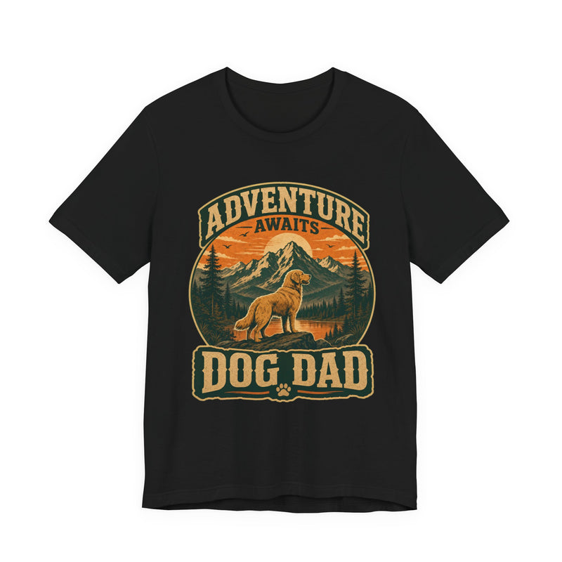 Black t-shirt with vintage circular mountain and sunset scene, golden retriever and DOG DAD text