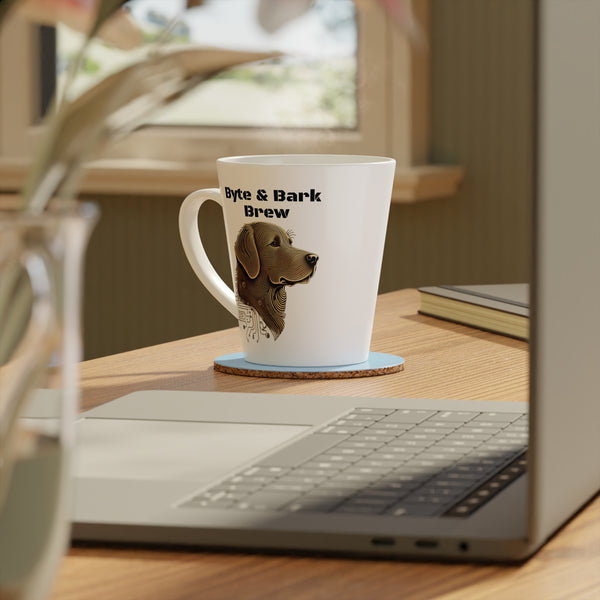 White ceramic mug with Byte & Bark Brew® logo and dog illustration on a desk