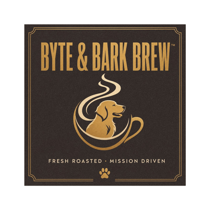 Square black car magnet featuring Byte & Bark Brew® gold typography, dog-in-a-coffee-cup logo, decorative border