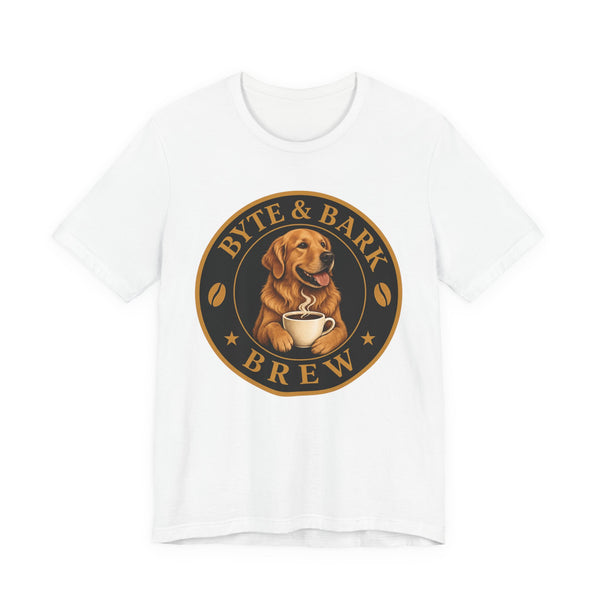 White crewneck t-shirt with Byte & Bark Brew® logo showing golden retriever holding steaming coffee cup