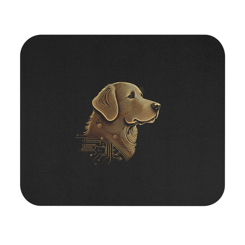 Black rectangular mouse pad with rounded corners featuring gold circuitry-style dog head illustration