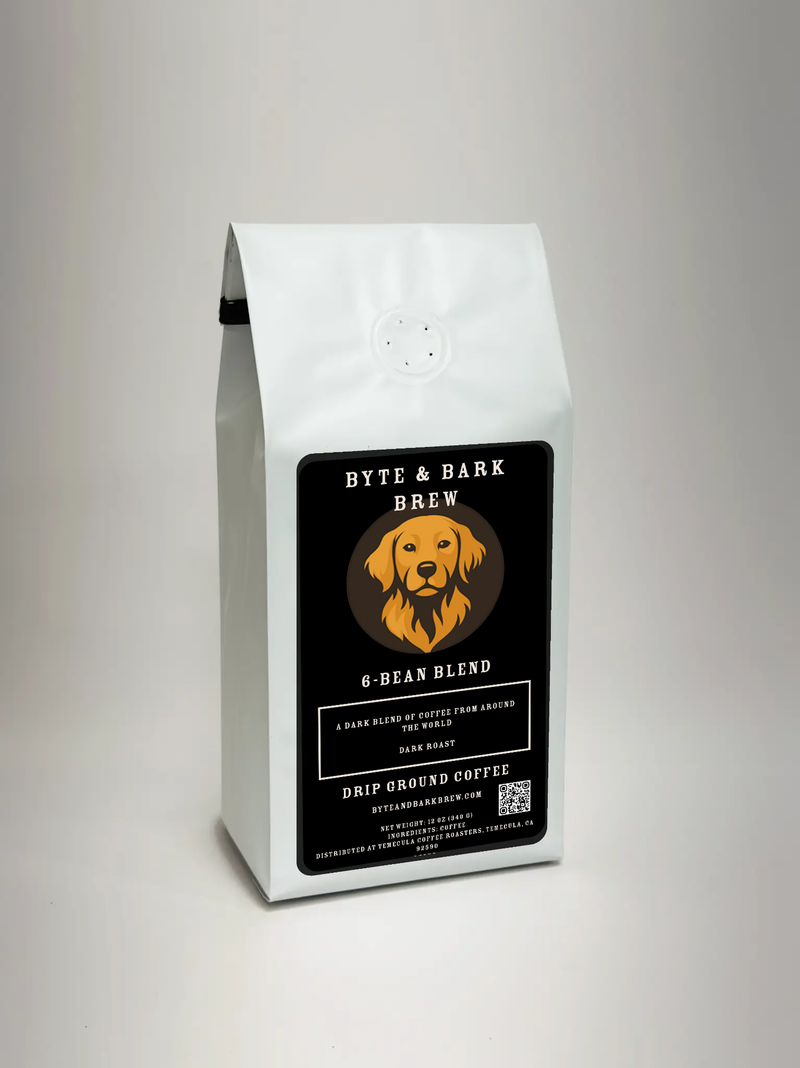White coffee bag with black Byte & Bark Brew® label and dog logo, 6-bean blend
