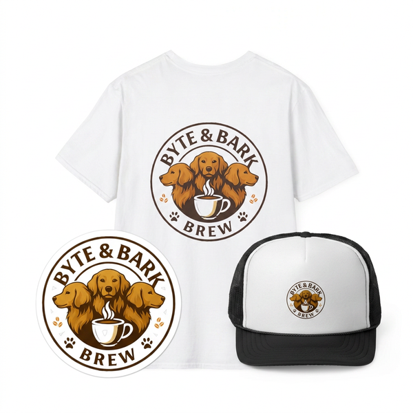 White tee, circular sticker, and white-black trucker hat featuring Byte & Bark Brew® three-dog coffee logo