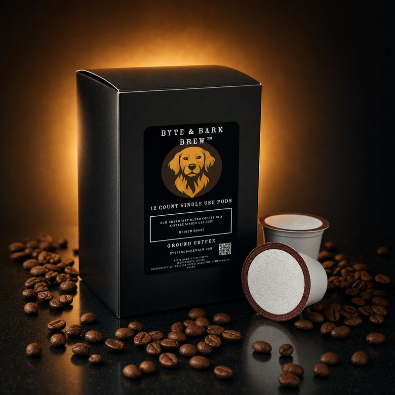 Byte & Bark Brew® black box of 12 single-use coffee pods with two visible pods