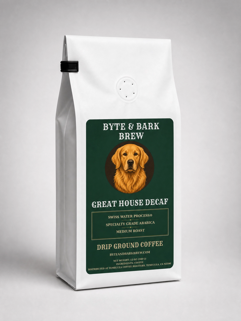 White folded coffee bag with green label showing a golden retriever portrait and Byte & Bark Brew® logo