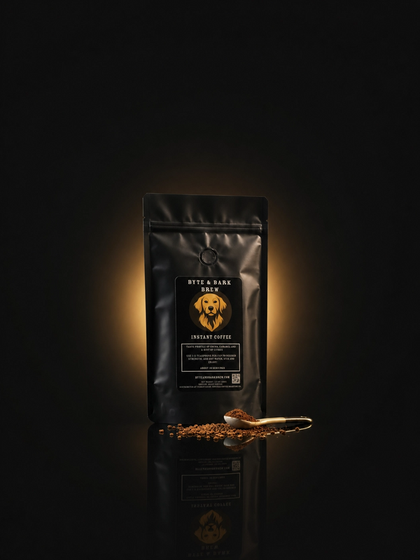 Black resealable coffee pouch labeled Byte & Bark Brew® with dog logo, spoon and scattered instant granules