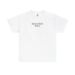 Cropped front view of white t-shirt with centered Byte & Bark Brew® text logo