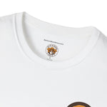 Close-up of white T-shirt neckline and ribbed collar showing Byte & Bark Brew® inner label and logo