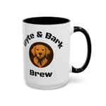 White mug with black interior and handle showing Byte & Bark Brew® dog logo