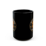 Glossy black mug front view showing rim and partial gold Byte & Bark Brew® logo
