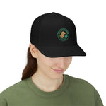 Close front view black trucker hat with Byte & Bark Brew® circular embroidered dog and steaming cup logo