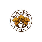Round Byte & Bark Brew® sticker with three golden retrievers above a steaming coffee cup