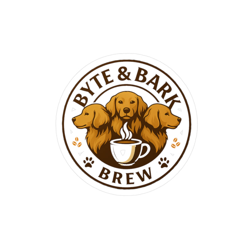 Round Byte & Bark Brew® sticker with three golden retrievers above a steaming coffee cup