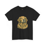 Black crewneck tee with large golden retriever portrait print and Byte & Bark Brew® neck tag