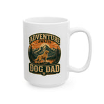 White ceramic mug close-up with vintage mountain-and-dog emblem and bold 'Dog Dad' lettering
