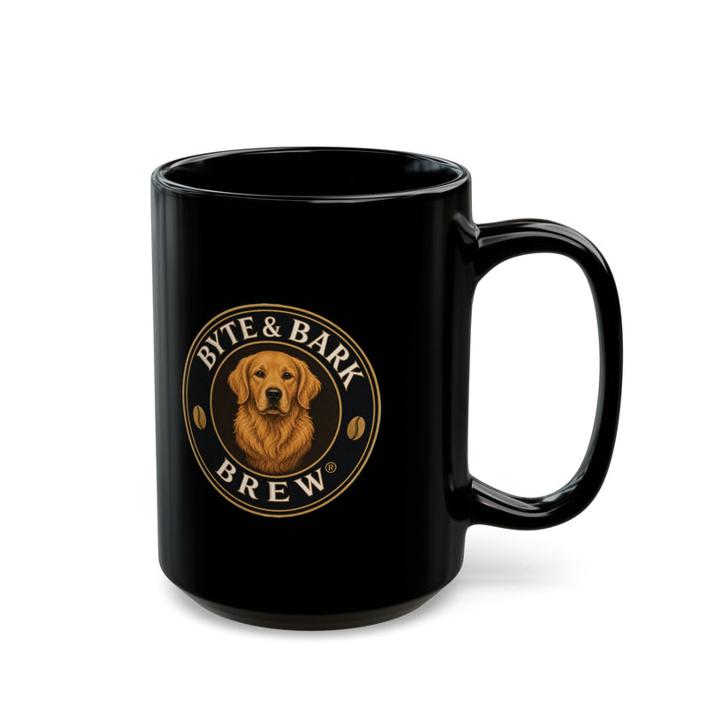 Glossy black coffee mug front showing Byte & Bark Brew® gold dog emblem and handle