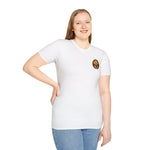 Smiling model wearing white crewneck t-shirt with small dog portrait chest print