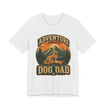 Light heather gray unisex T-shirt with vintage circular mountain and dog graphic reading ADVENTURE AWAITS DOG DAD