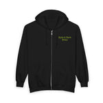 Black full-zip hooded sweatshirt with small green Byte & Bark Brew® chest text