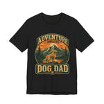 Black t-shirt with vintage circular mountain and sunset scene, golden retriever and DOG DAD text