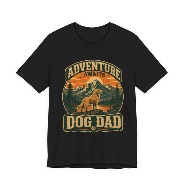 Black t-shirt with vintage circular mountain and sunset scene, golden retriever and DOG DAD text