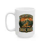 White ceramic mug showing a vintage mountain-and-dog circular badge with bold 'DOG DAD' text