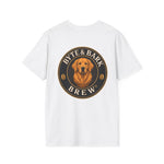 Back of white T-shirt with large Byte & Bark Brew® round logo showing golden retriever