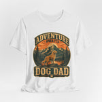 White crewneck t-shirt front with vintage mountain sunset graphic showing a dog and 'DOG DAD' text