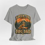 Heather gray crewneck t-shirt with vintage circular mountain and dog graphic, 'Adventure Awaits' and bold 'Dog Dad' text