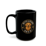 Close-up front view of a glossy black ceramic mug with Byte & Bark Brew® golden dog logo