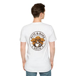 Rear view of white T-shirt featuring Byte & Bark Brew® circular logo with three dogs and coffee cup