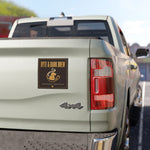 Rear of silver pickup truck with rectangular Byte & Bark Brew® magnet centered on tailgate