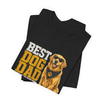 Black folded t-shirt with vintage 'Best Dog Dad' text and golden retriever wearing sunglasses