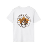 White short-sleeve crewneck t-shirt back view with large Byte & Bark Brew® circular logo featuring three dogs
