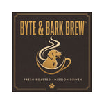 Square black car magnet featuring Byte & Bark Brew® gold typography, dog-in-a-coffee-cup logo, decorative border