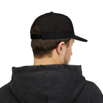 Rear view of black mesh trucker hat with snapback closure and curved brim on model