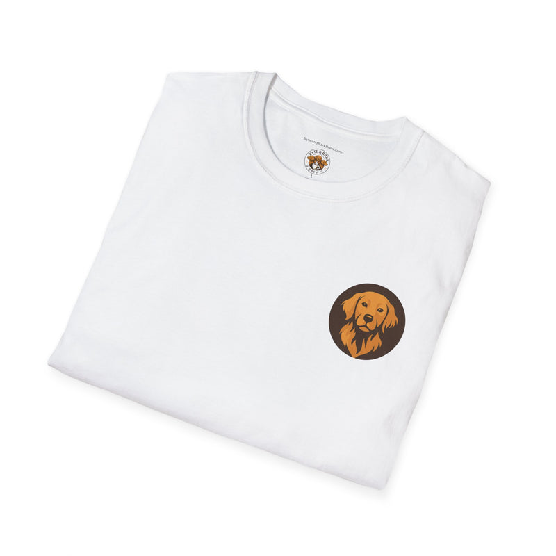 Folded white crewneck T-shirt with Byte & Bark Brew® dog logo and branded neck tag