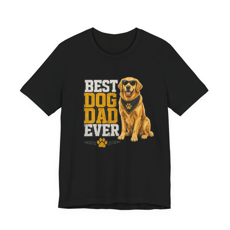 Black crewneck t-shirt with bold 'Best Dog Dad Ever' text and golden retriever in sunglasses