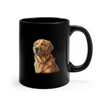 Black ceramic mug showing a realistic golden retriever portrait on front, right-side handle