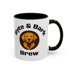 White accent mug with black interior and handle featuring dog-face logo and Byte & Bark Brew® text