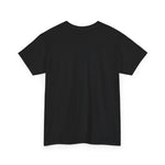 Back view of plain black crewneck t-shirt showing short sleeves and straight hem
