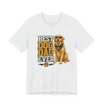 Light heather gray tee with smiling golden retriever in sunglasses next to stacked bold text