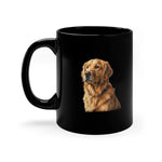 Glossy black ceramic mug with a realistic golden retriever portrait facing forward, left handle visible