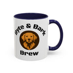 White accent mug with navy blue interior and handle featuring Byte & Bark Brew® dog logo