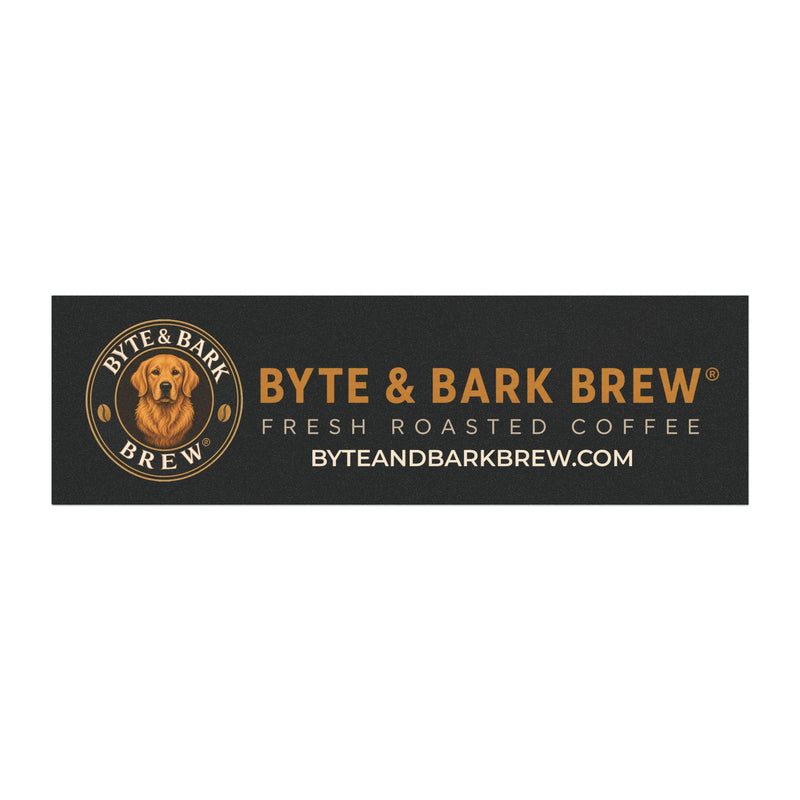 Rectangular black magnet featuring Byte & Bark Brew® gold logo with dog portrait and website text