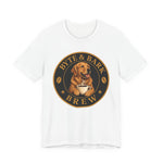 White crewneck t-shirt with Byte & Bark Brew® logo showing golden retriever holding steaming coffee cup