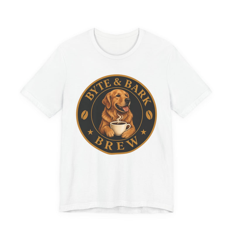 White crewneck t-shirt with Byte & Bark Brew® logo showing golden retriever holding steaming coffee cup