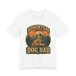 White crewneck t-shirt with vintage circular mountain scene and dog graphic reading DOG DAD
