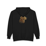 Back view of black hooded sweatshirt with gold stylized dog head graphic centered on upper back
